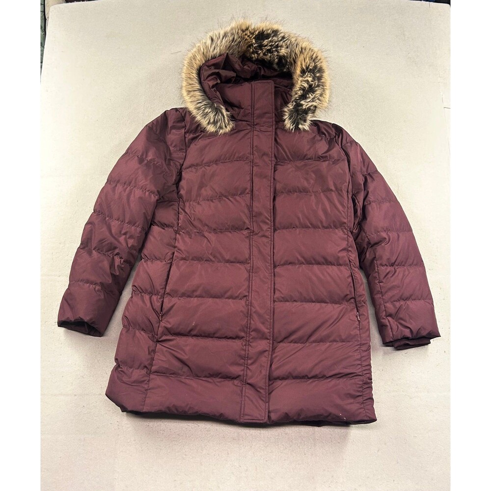 Lands' End Winter Down Puffer Jacket faux fur hood maroon Women’s Large